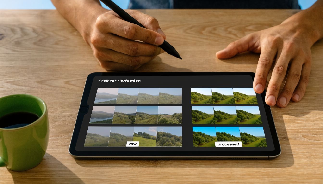 Seseorang menggunakan stylus di tablet yang menampilkan antarmuka pemrosesan video sebelum dan sesudah.