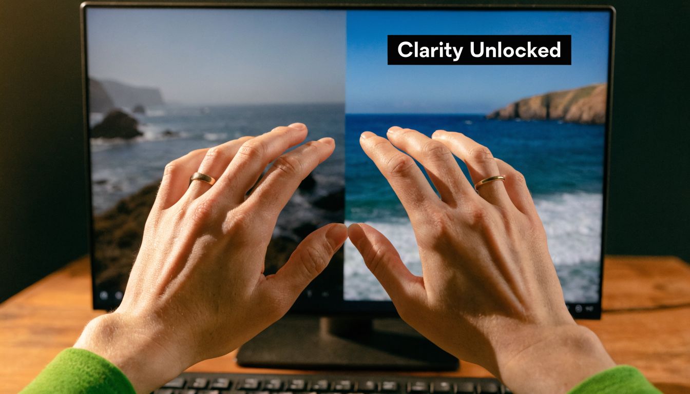 Seseorang menggunakan perangkat lunak AI di komputer untuk meningkatkan kualitas video demi kejernihan visual yang lebih baik.