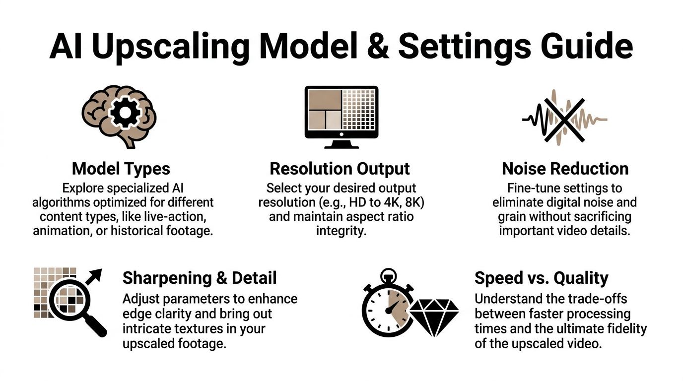 Infografis berjudul Panduan Model dan Pengaturan AI Upscaling yang menjelaskan faktor kunci seperti resolusi dan kualitas.