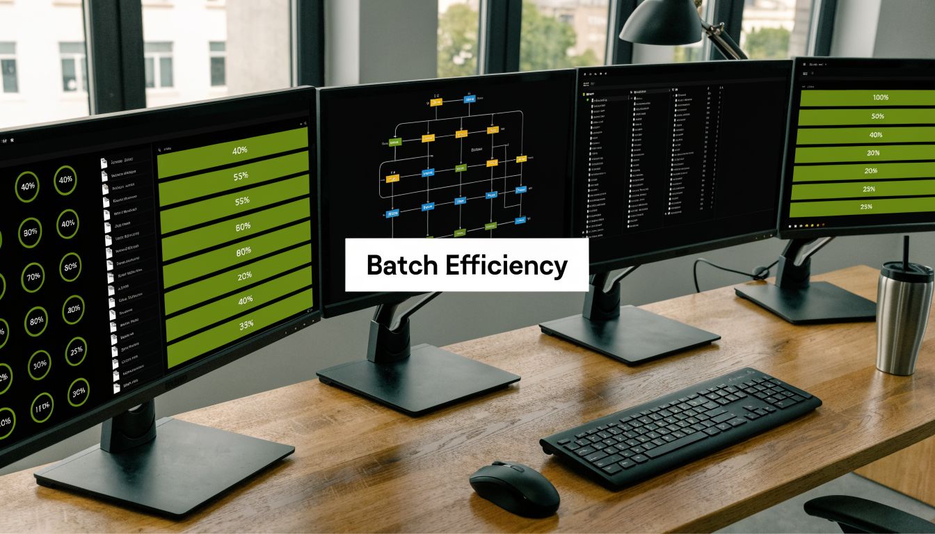 Ruang kerja modern dengan multiple monitor yang menampilkan visualisasi data dan metrik efisiensi batch di meja kayu.