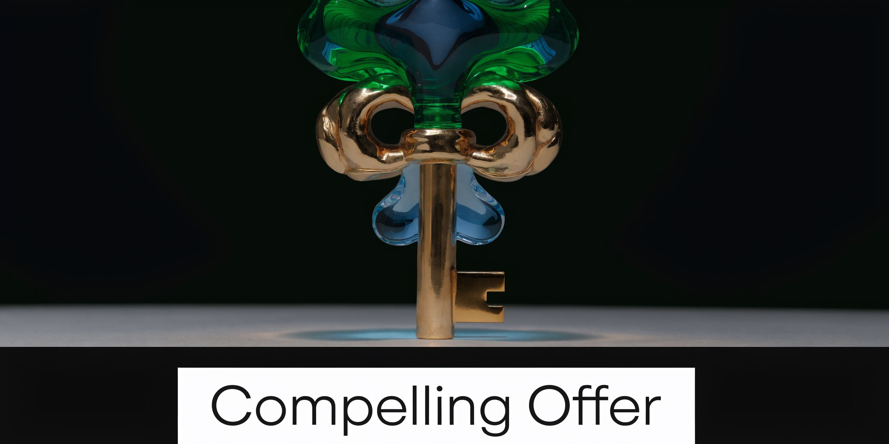 A luxurious golden key with blue and green glass details centered above the text Compelling Offer.