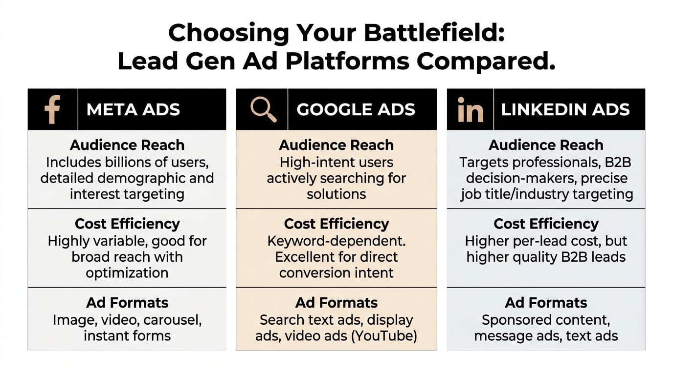 A comparison table outlining key features of Meta Ads, Google Ads, and LinkedIn Ads for lead generation.