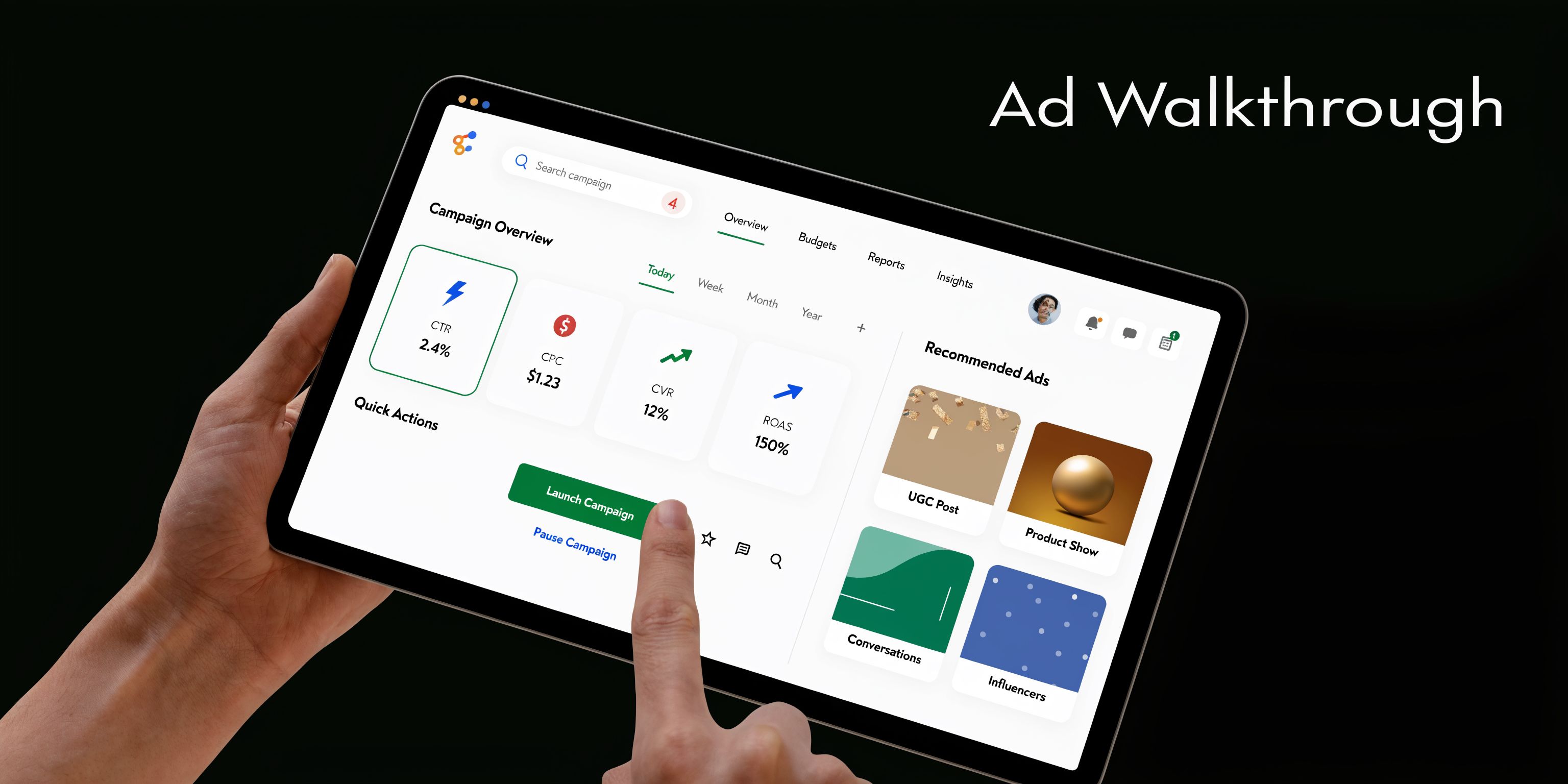A person holding a tablet displaying a professional advertising campaign dashboard with data metrics and recommended ads.