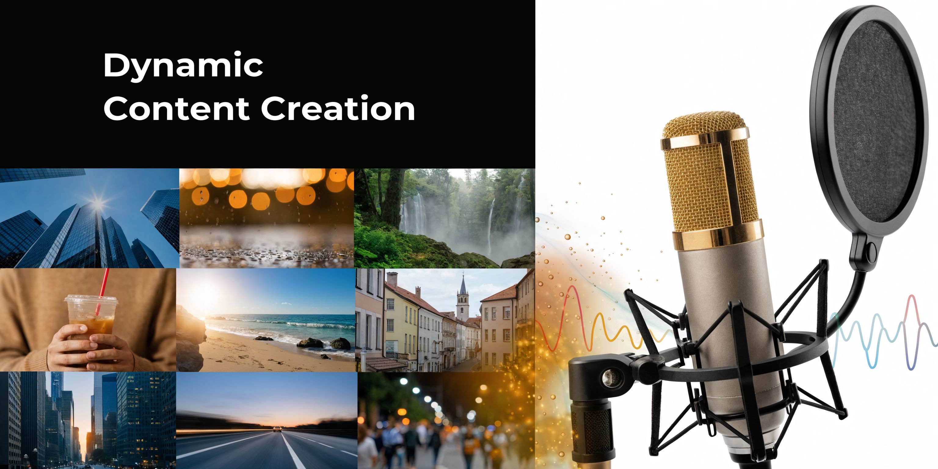 A professional microphone stands beside a grid of diverse images depicting urban scenes, nature, and lifestyle.