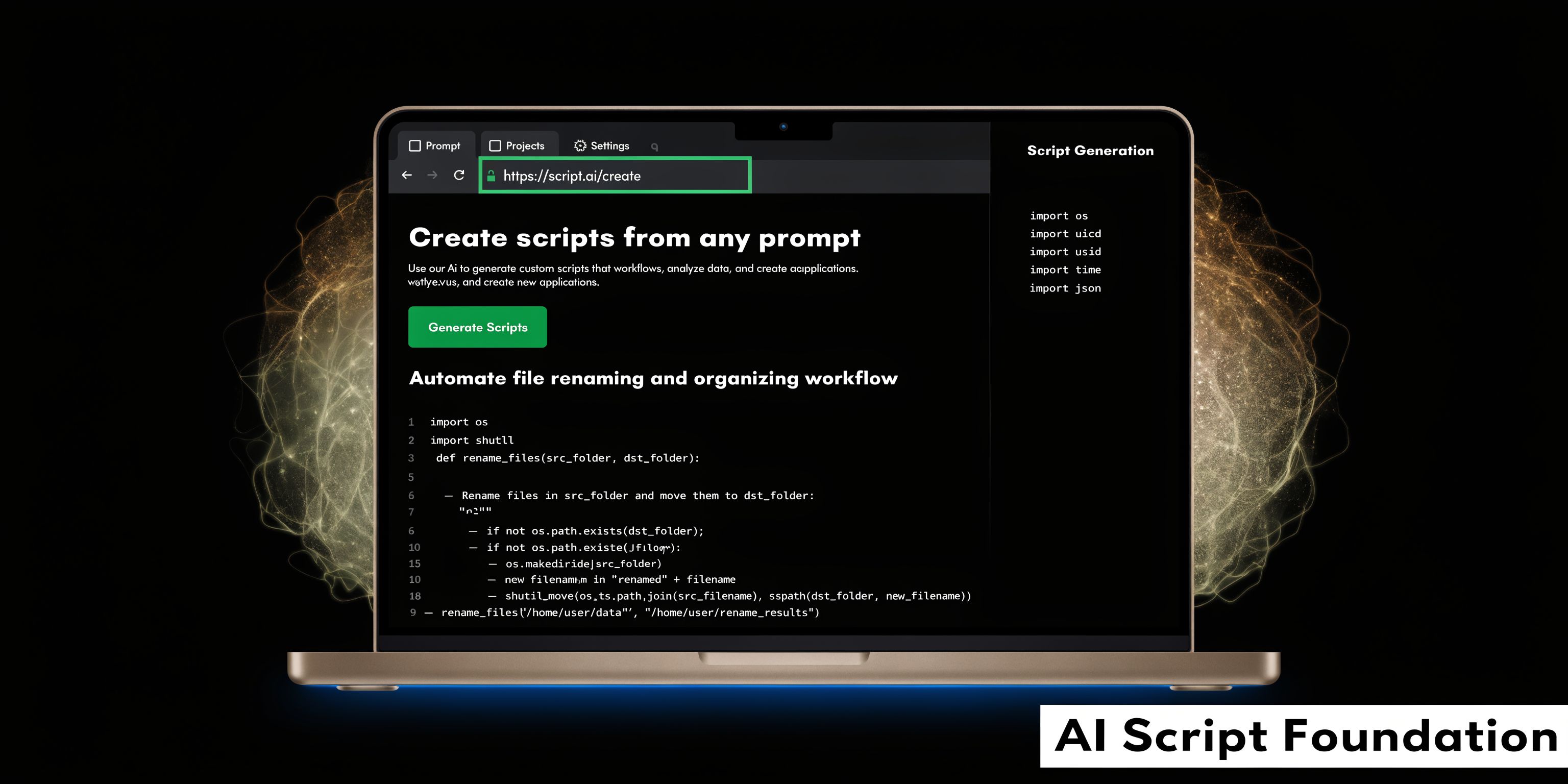 A modern laptop displaying an AI website interface for generating automation scripts for file organization tasks.