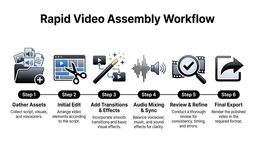A flowchart infographic illustrating a six-step rapid video assembly workflow for professional video production and editing.